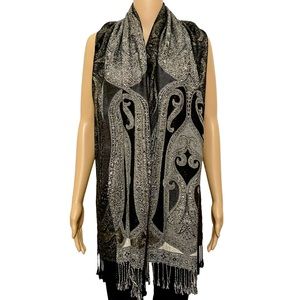 scarf Collection Black Floral Fringed Wrap Scarf  Soft Challis Fabric